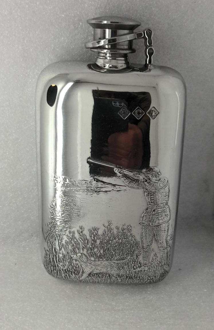 6oz Stamped Pewter Flask with Embossed Shooting Scene and Captive Top (F077)