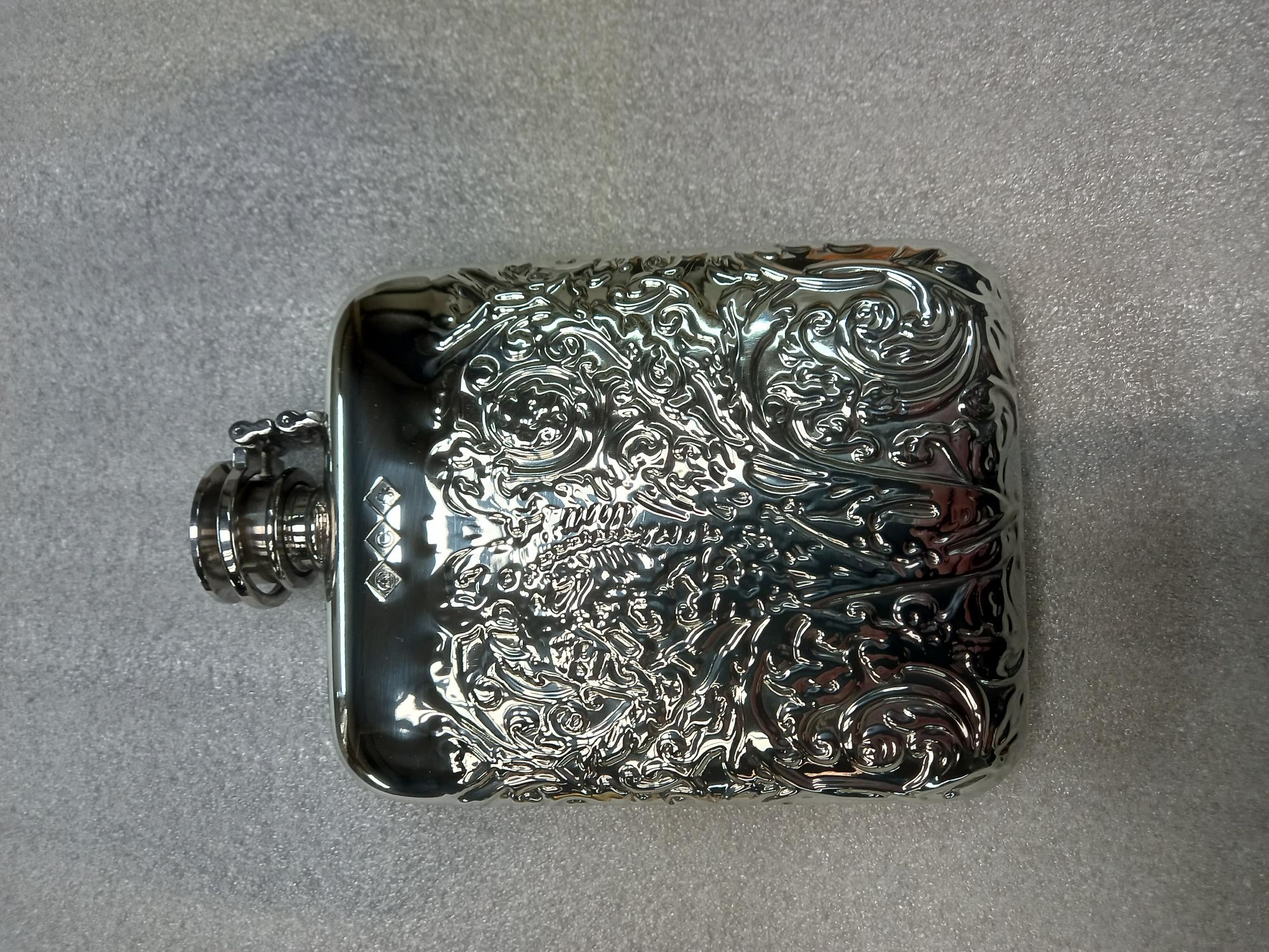 F151 6oz stamped flask The Regency pattern with captive top (image for) F151 6oz stamped flask The Regency pattern with captive top
