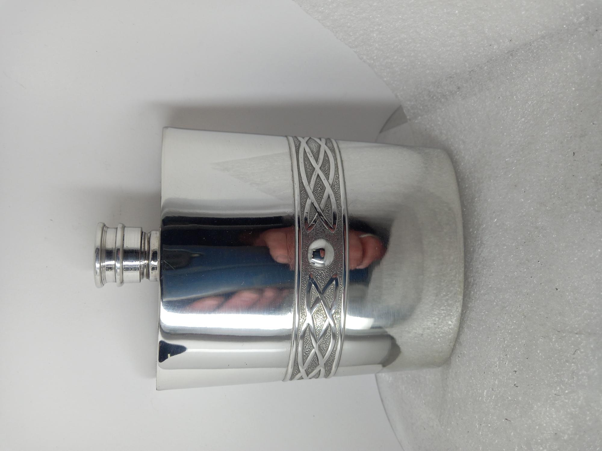 ,F155 6oz Kidney shaped flask embossed Celtic knot work band (image for) ,F155 6oz Kidney shaped flask embossed Celtic knot work band
