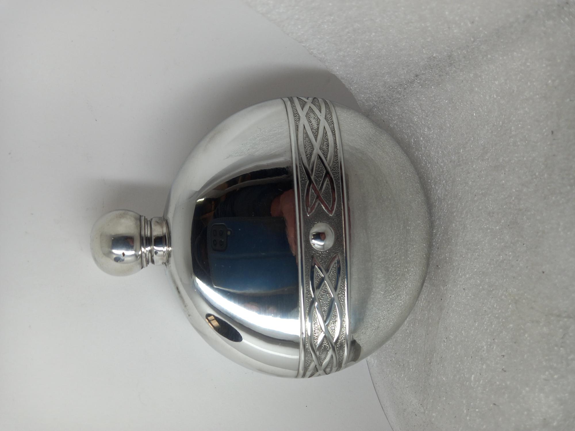 ,F154 6oz Round flask embossed Celtic knot band with ball top (image for) ,F154 6oz Round flask embossed Celtic knot band with ball top