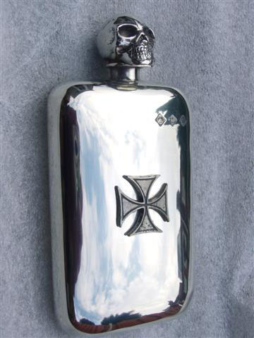 6oz Stamped Pewter Flask with Skull Top and Iron Cross (F018)