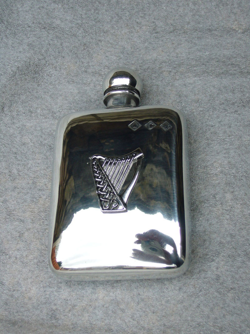 2.5oz Stamped Pewter Flask with Celtic Harp Badge (F024)