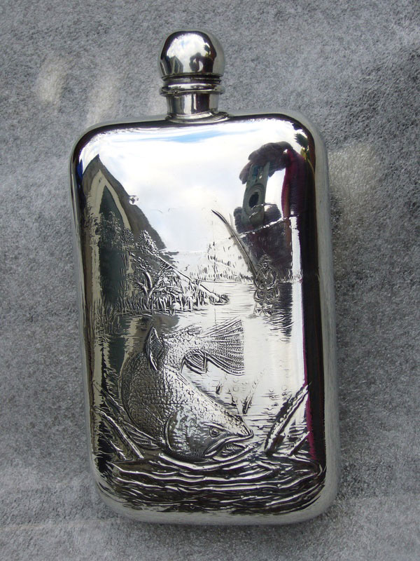 6oz Stamped Embossed Fishing Pewter Flask (F031) (image for) 6oz Stamped Embossed Fishing Pewter Flask (F031)