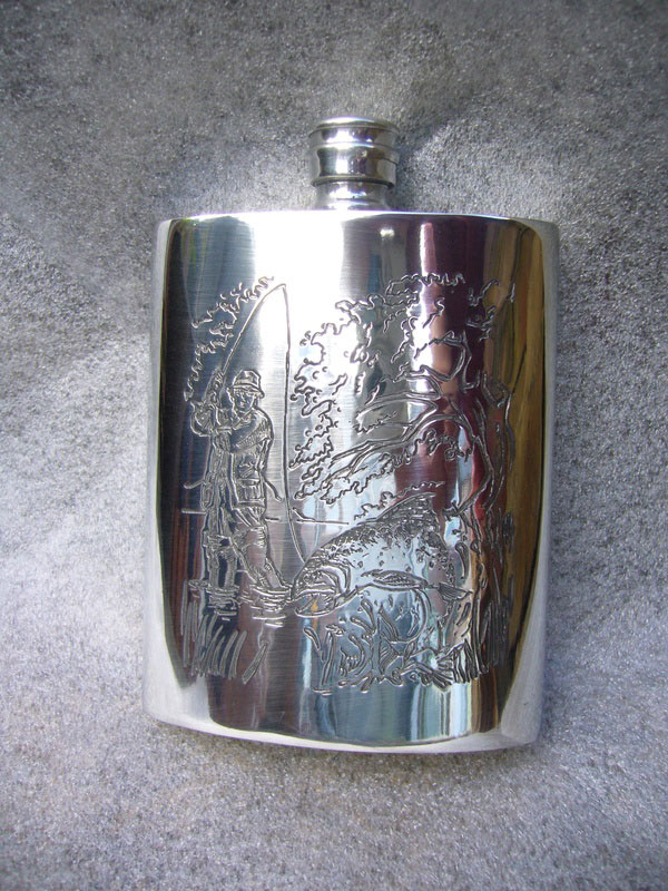 6oz Kidney Shaped Pewter Flask with Fishing Scene (F042) (image for) 6oz Kidney Shaped Pewter Flask with Fishing Scene (F042)