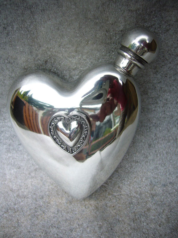 3oz Stamped Pewter Heart Flask with Encapsulated Heart (F044) (image for) 3oz Stamped Pewter Heart Flask with Encapsulated Heart (F044)