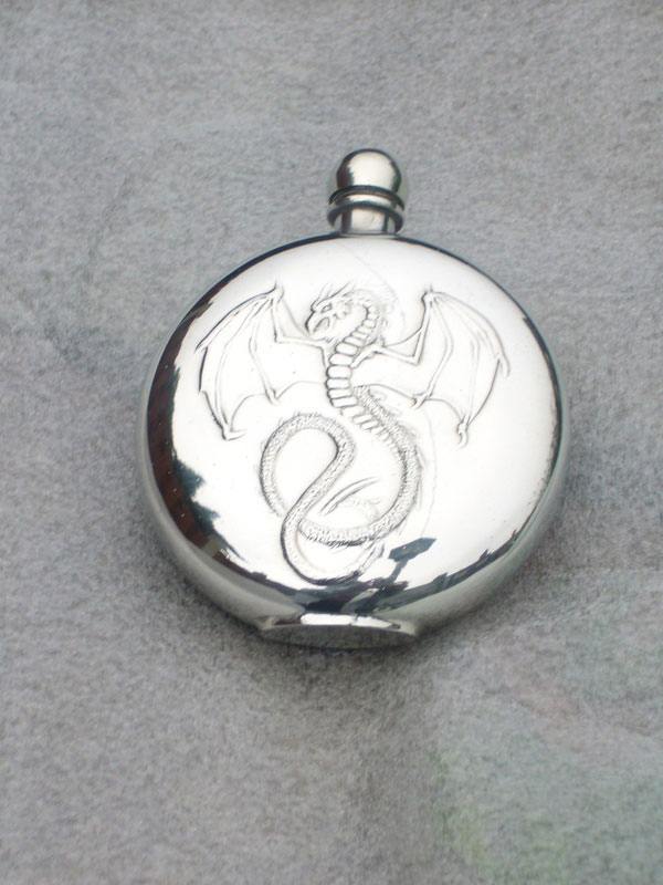 6oz Round Pewter Flask Embossed with Wyverex Dragon (F053) (image for) 6oz Round Pewter Flask Embossed with Wyverex Dragon (F053)