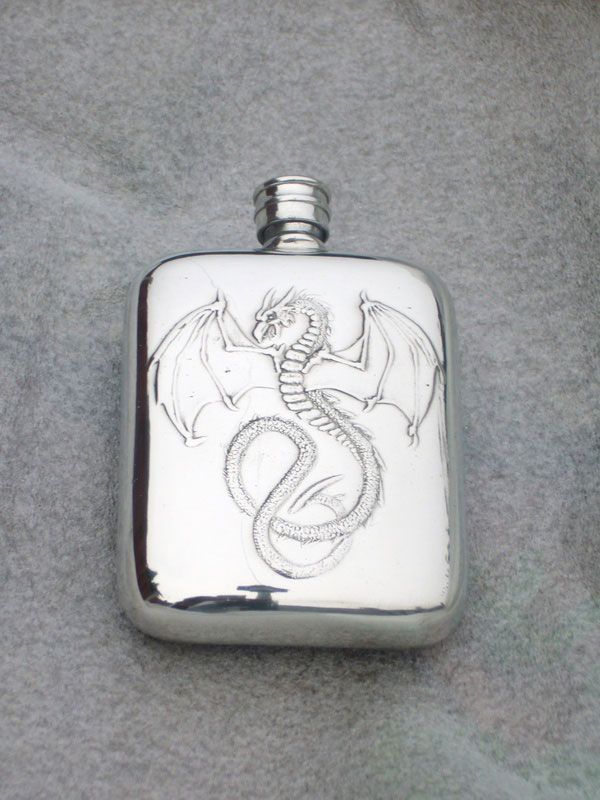 4oz Stamped Pewter Hip Flask Embossed with Wyverex Dragon (F054) (image for) 4oz Stamped Pewter Hip Flask Embossed with Wyverex Dragon (F054)