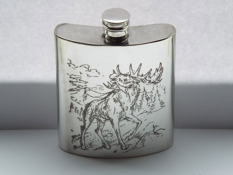 6oz "The Majestic Elk" Engraved Pewter Hip Flask (F083)