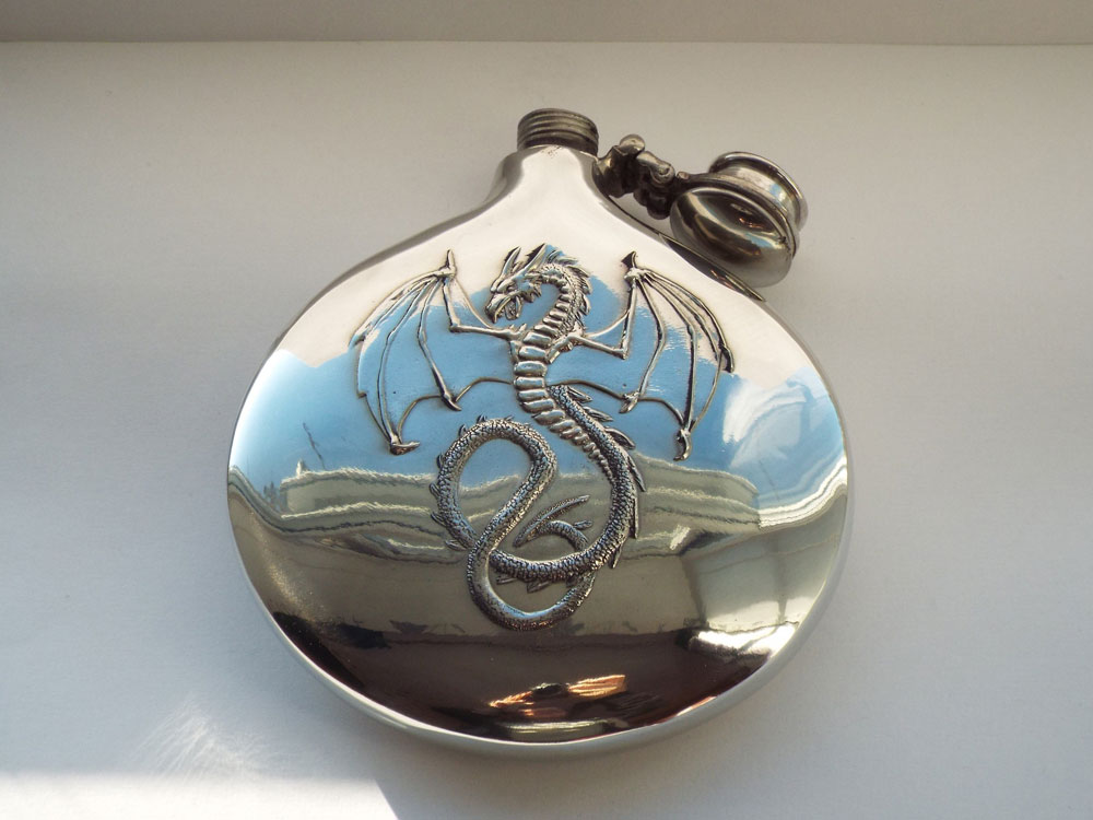 6oz Embossed Wyverex Dragon Design Pewter Flask with Captive Top (F088) (image for) 6oz Embossed Wyverex Dragon Design Pewter Flask with Captive Top (F088)
