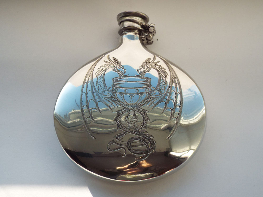 6oz Dragon Design Pewter Sporran Flask with Captive Top (F092) (image for) 6oz Dragon Design Pewter Sporran Flask with Captive Top (F092)