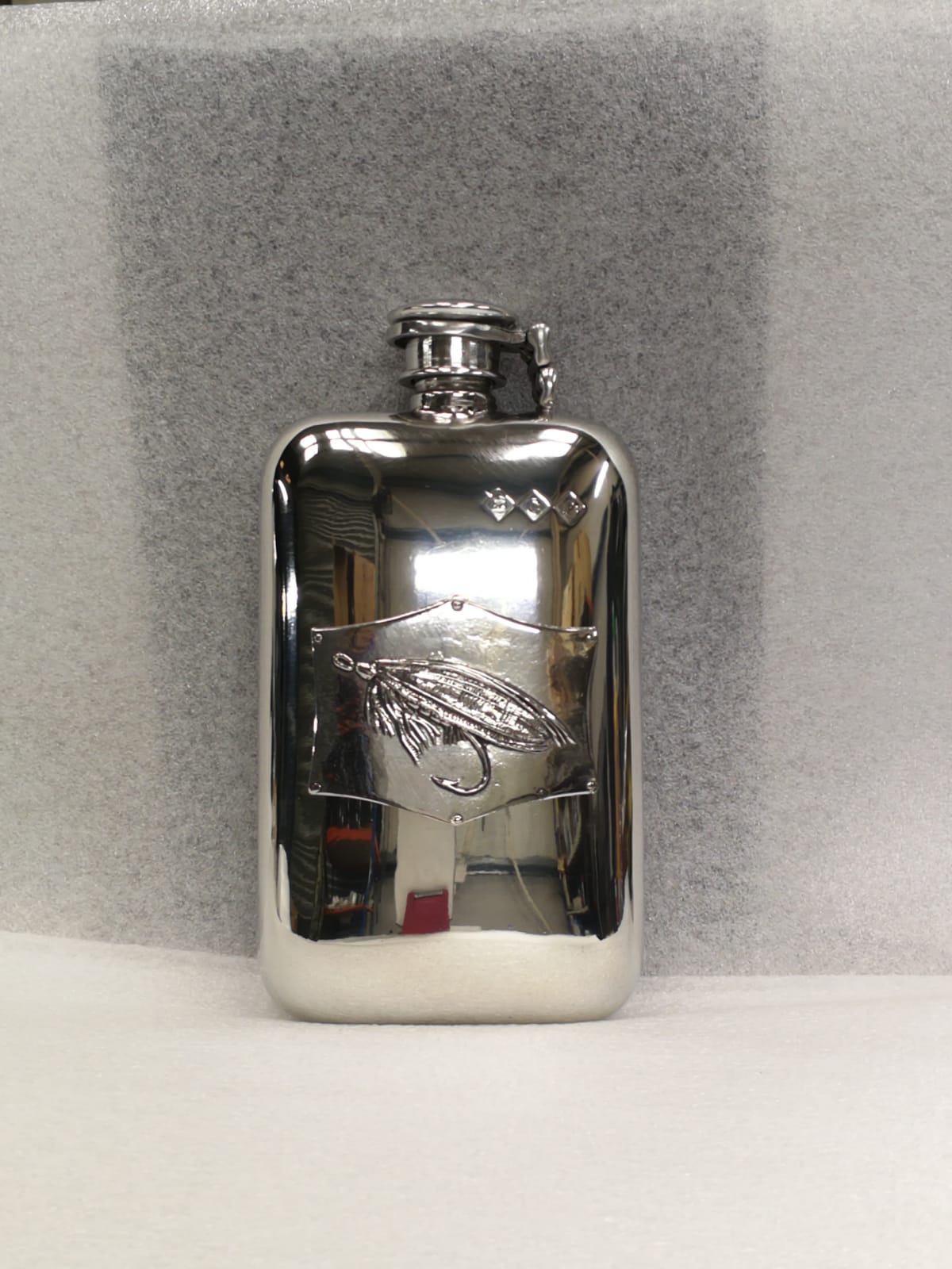 6oz stamped pewter flask with Fly Badge and captive top (F100) (image for) 6oz stamped pewter flask with Fly Badge and captive top (F100)